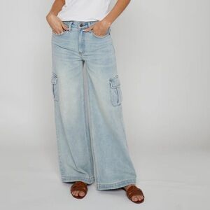 Oliver Logan Madison Wide Leg Jeans Light Blue Denim Cargo Pockets Faded Pants